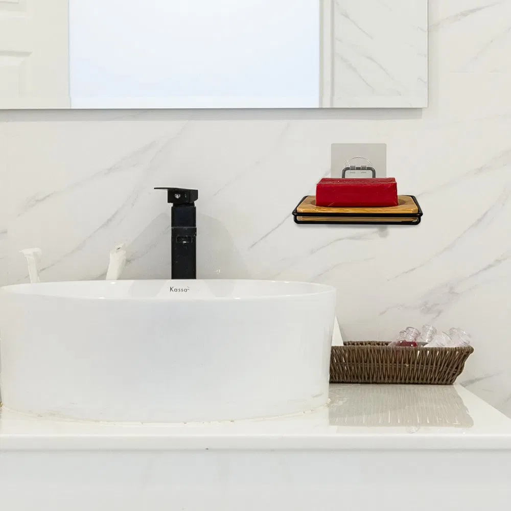 Настенная мыльница из нержавеющей стали с бамбуковой крышкой