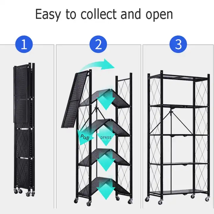 4 Tiers Metal Book Rack Organizer Space Saving Folding Home Kitchen Storage Shelves Rack
