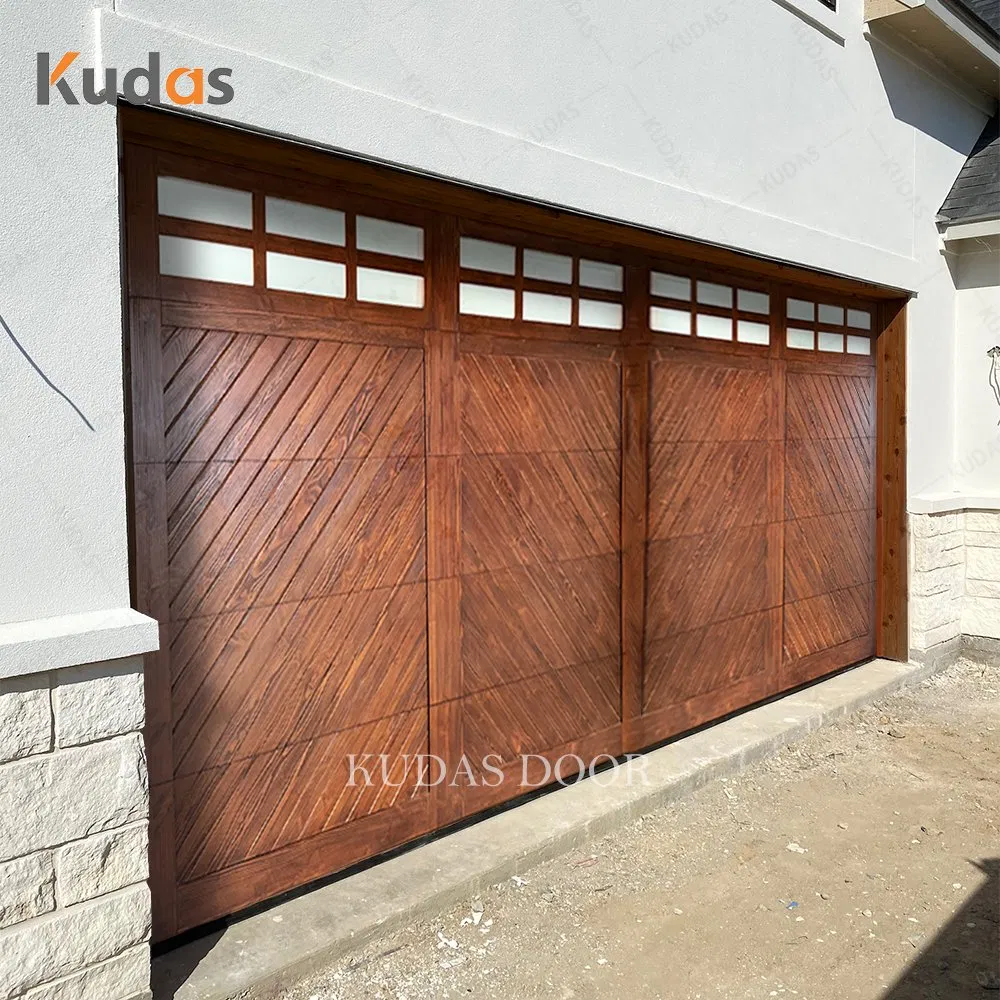 Energy Efficient Black Walnut Solid Wood Look Aluminum Track Slide up Garage Doors with Top Double Glass Windows