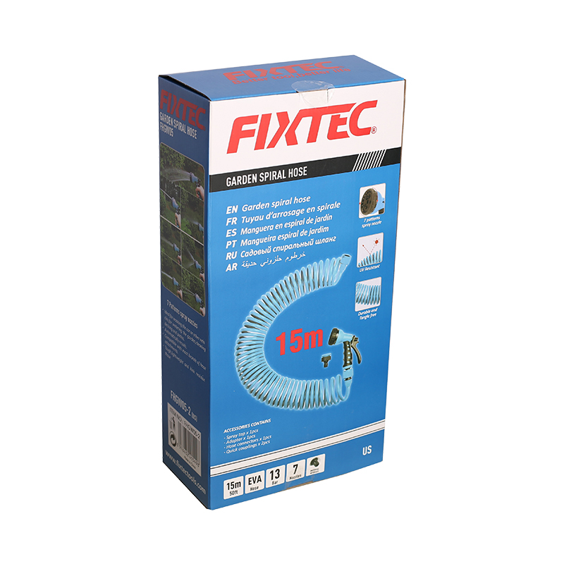 Fixtec EVA Retractable Coil Garden Hose 50FT with Spray Nozzle Gun Telescopic Hose Spring Water Pipe Car Wash Watering Spiral Coil Garden Hose