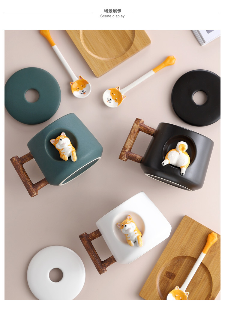 Creative Ceramic Personality Cute Mug with Lid Spoon Coffee Cup Shiba Inu Cup Gift