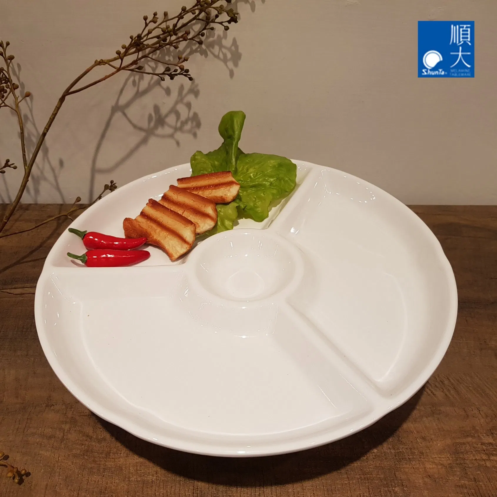 4-Divided Round Dish Melamine Plate Imitation Porcelain Material Side Dish