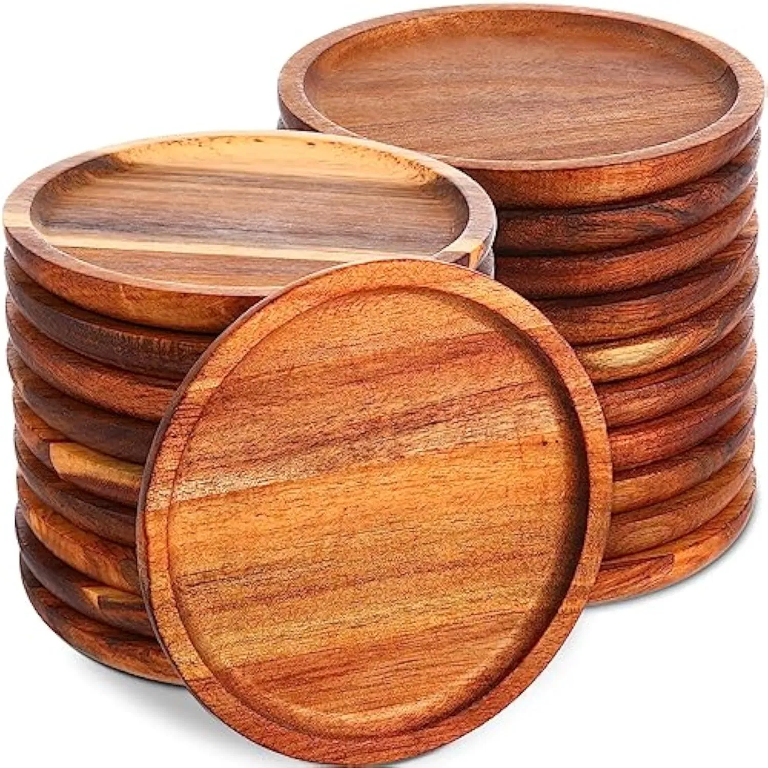 Wholesale Restaurant Eco Friendly Round Acacia Wood Food Serving Snack Canape Wooden Coasters Plate for Steak Dessert Cake Salad
