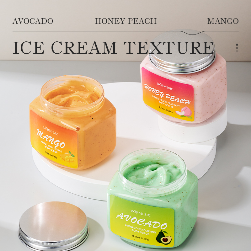 Factory Price Honey Peach Avocado Mango Cream Whitening Exfoliating Smooth Body Scrub