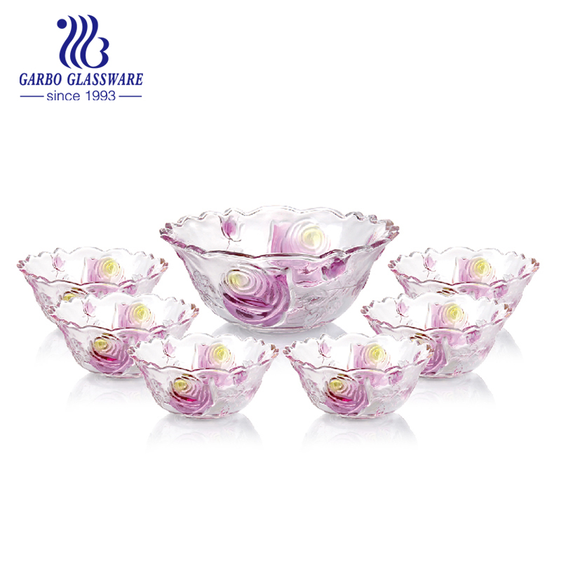 7PCS Colored Glass Salad Bowl Set with Lily Flower Glass Fruit Bowls Set for India Market