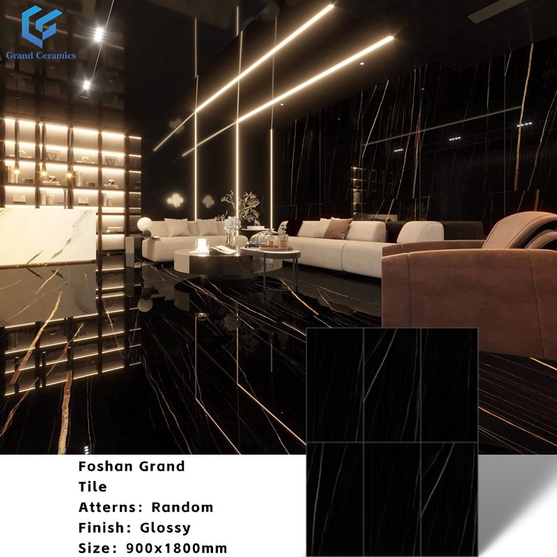 Керамогранит 900x1800 мм под мрамор, серая и черная гамма