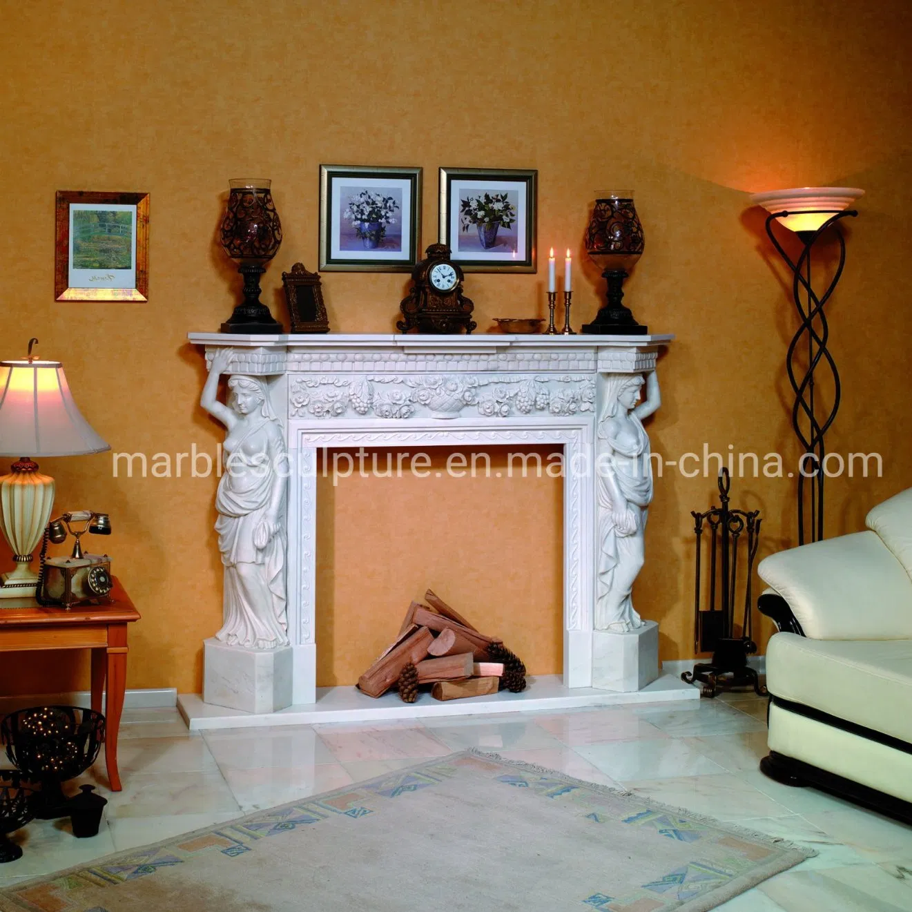 Natural Stone Factory Price Marble Fireplace with Carved Figures (SY-MF131)