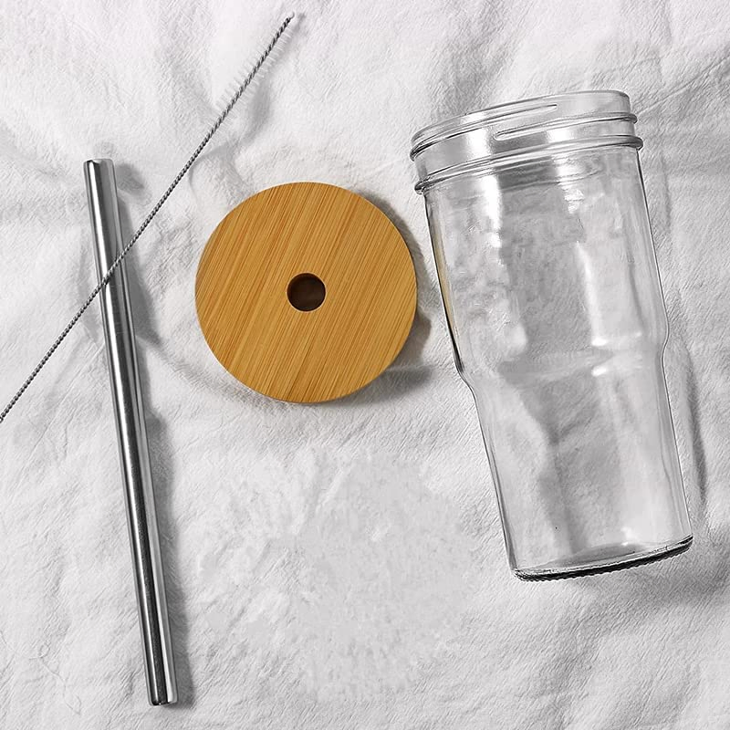 Wholesale 22oz Transparent Glass Juice Coffee Mug with Bamboo Lid and Straw
