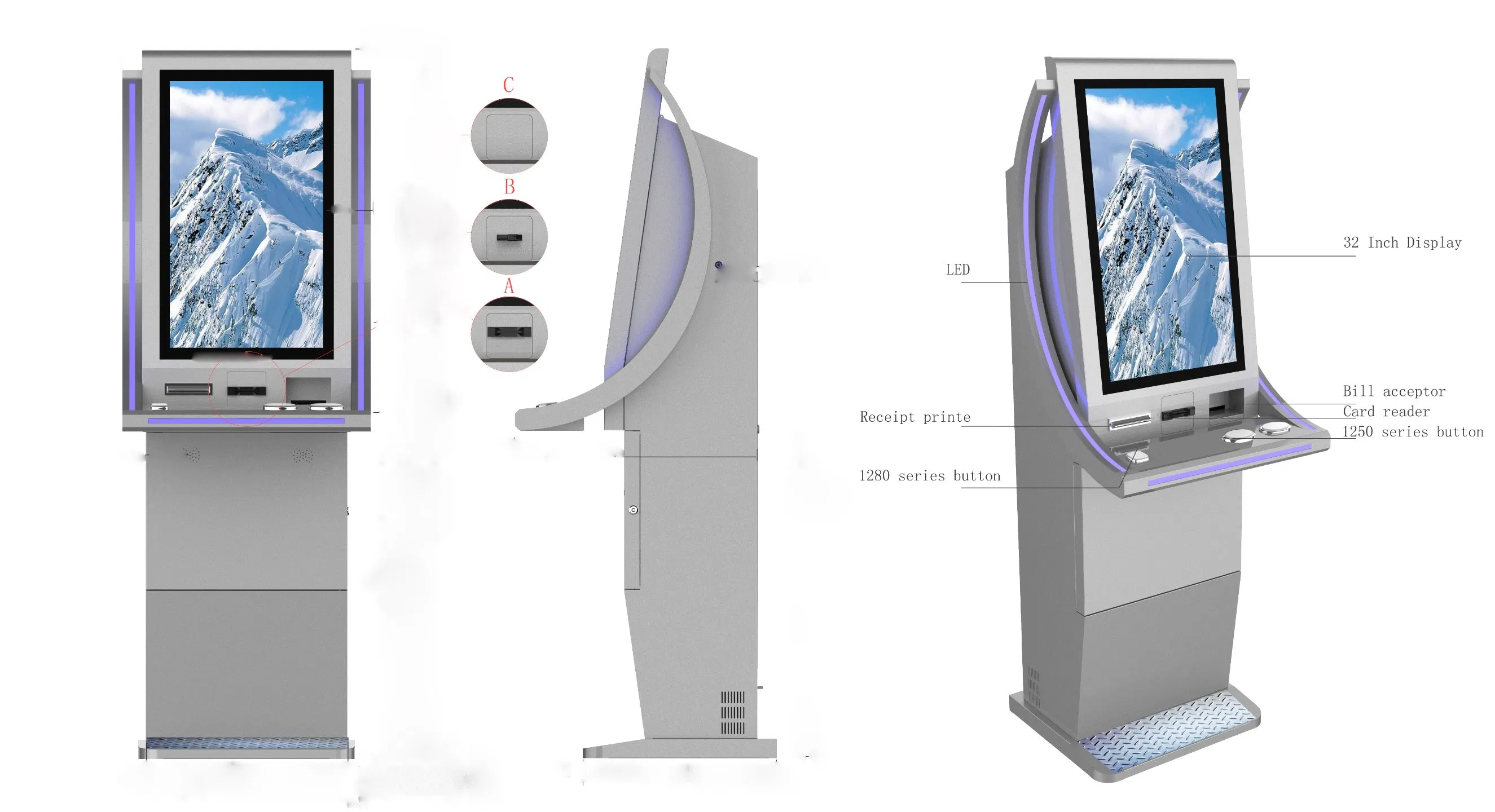 32'' Curved LED Casino Gaming Machine Self-Service Top-up Kiosk with Cash Acceptor Card Reader Receipt Printer Metal Buttons