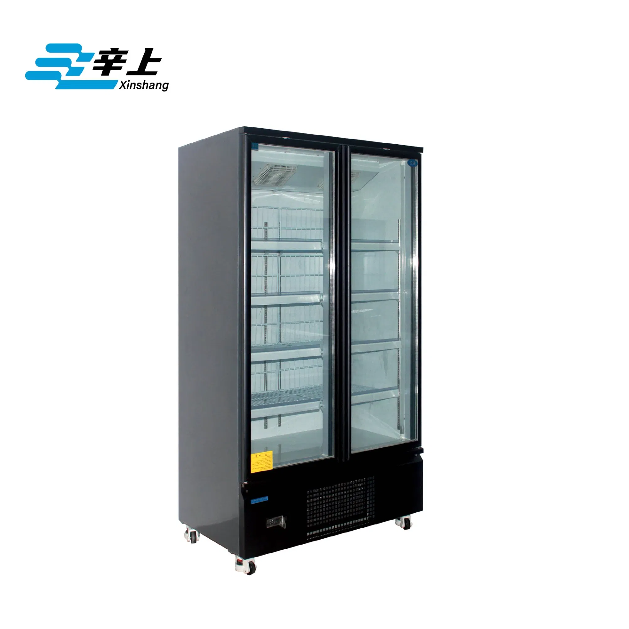 Full Glass Door Stainless Steel Edge Big Fan Cooling System Visi Cooler Upright Refrigerator Chiller Hinged Black Screen Printed Glass Door with LED Light