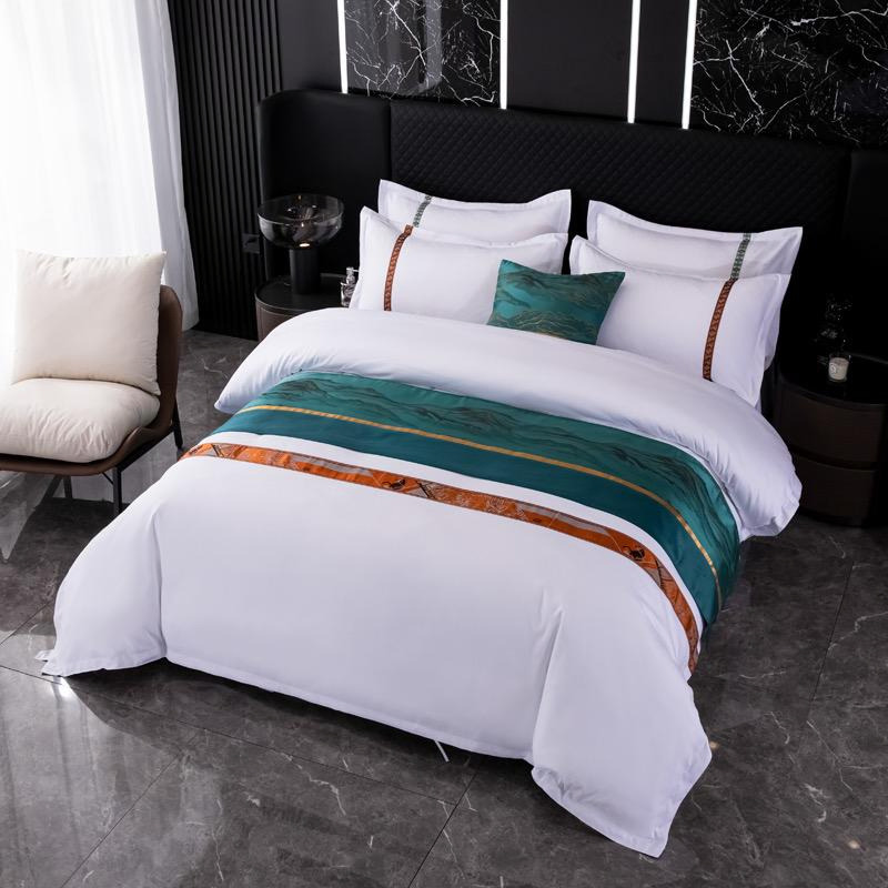 Four Piece Set Bed Linen Bed Cover Custom OEM/ODM Plain Color Cotton Polyester White Embroidery Ribbon Home Textile Bed Sheets Bedding Set for Hotel