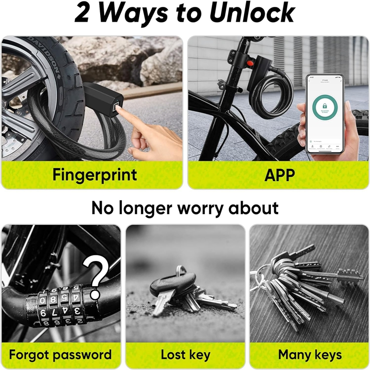 Yh3239 1.5 Meter Waterproof Anti-Theft USB Charging Keyless Fingerprint Bicycle Lock