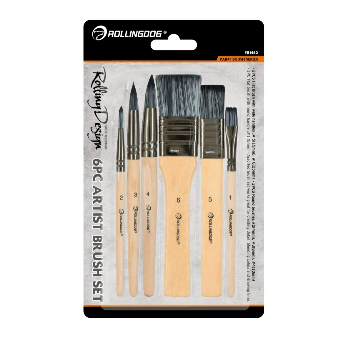 Набор кистей Rollingdog PRO 81462, 6 шт, плоские и круглые