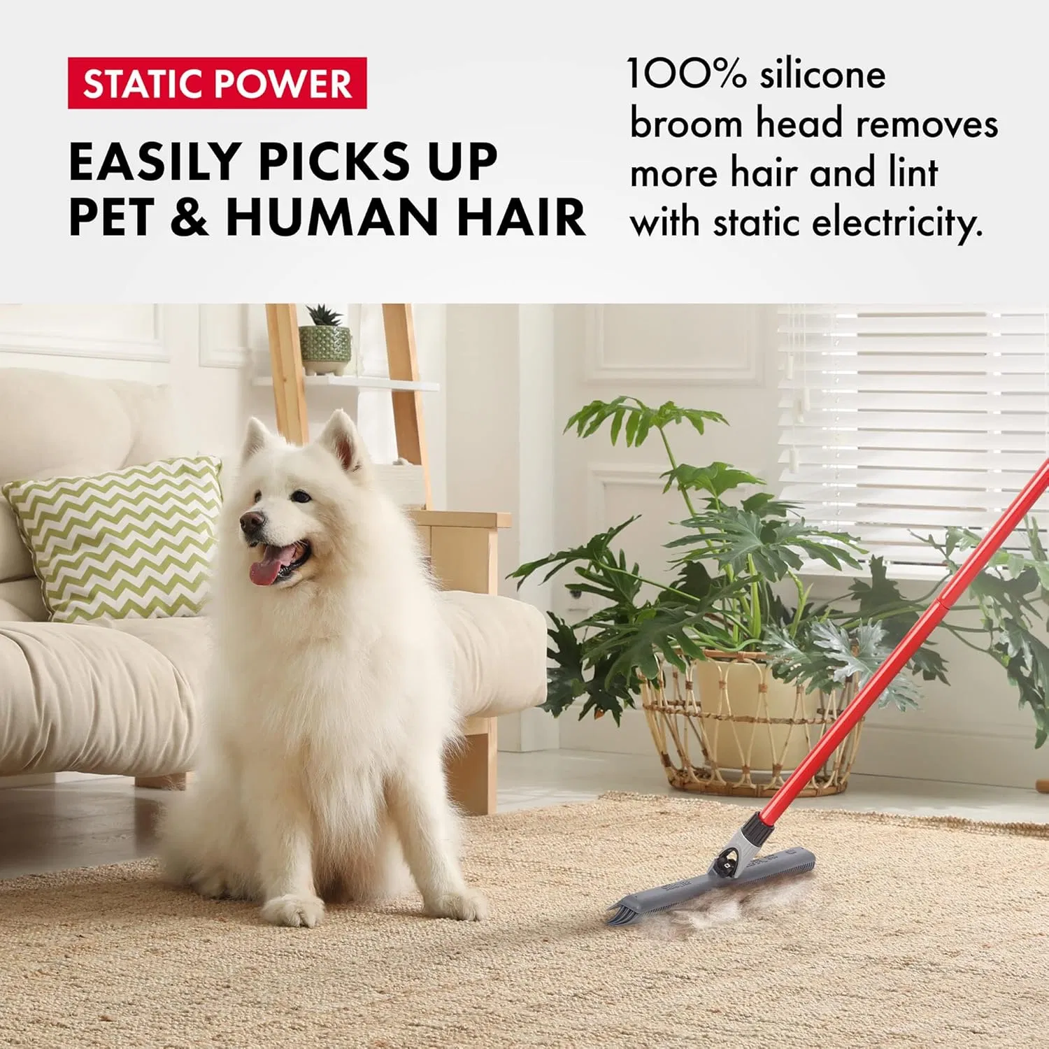 2-in-1 Silicone Rubber Broom Carpet Rake and Squeegee - Swivel Pet Hair Removal Broom with Long Handle - Slanted Side Bristles for Corners - Multipurpose Rubber