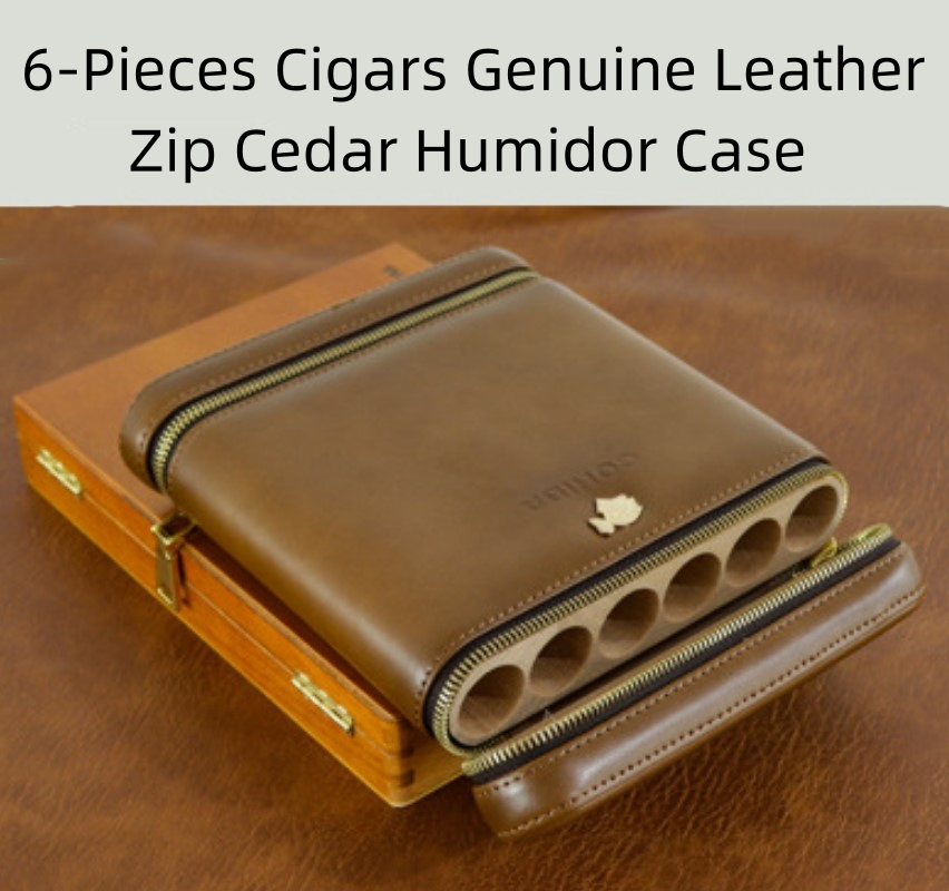 Portable 4/6 Pieces Cigars Genuine Leather Zip Cedar Humidor Cases