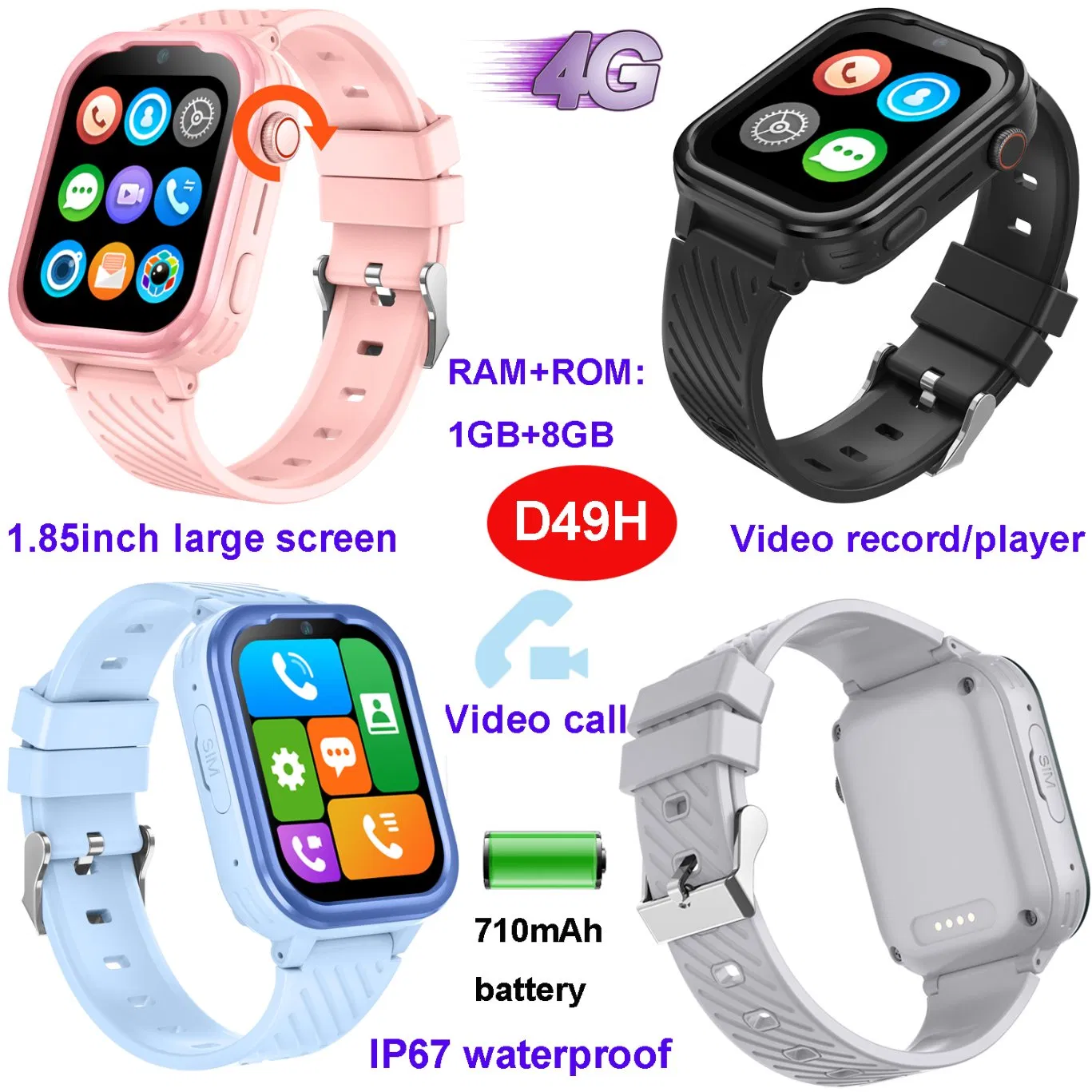 2025 new devloped 4G video call wearable waterproof GPS Tracker Smart Watch with emergency call  for personal security D49H