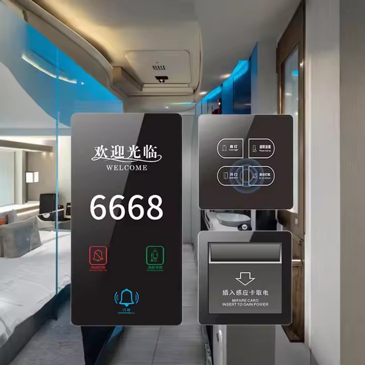 Luxury Tempered Glass European Silver Frame Door Bell Standard Hotel Touch Doorbell with Room Number Display Doorplate