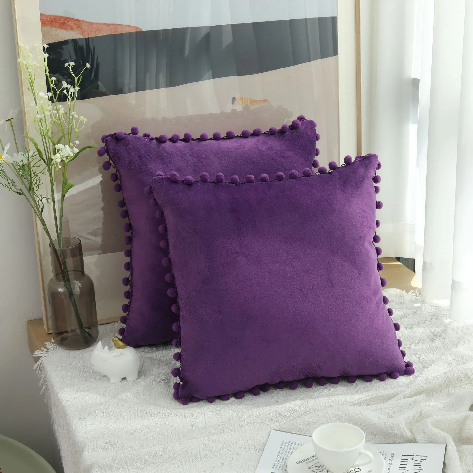 Velvet Throw Pillow Covers, Set of 2 Soft Square POM-Poms Hidden Zipper Cushion Cover