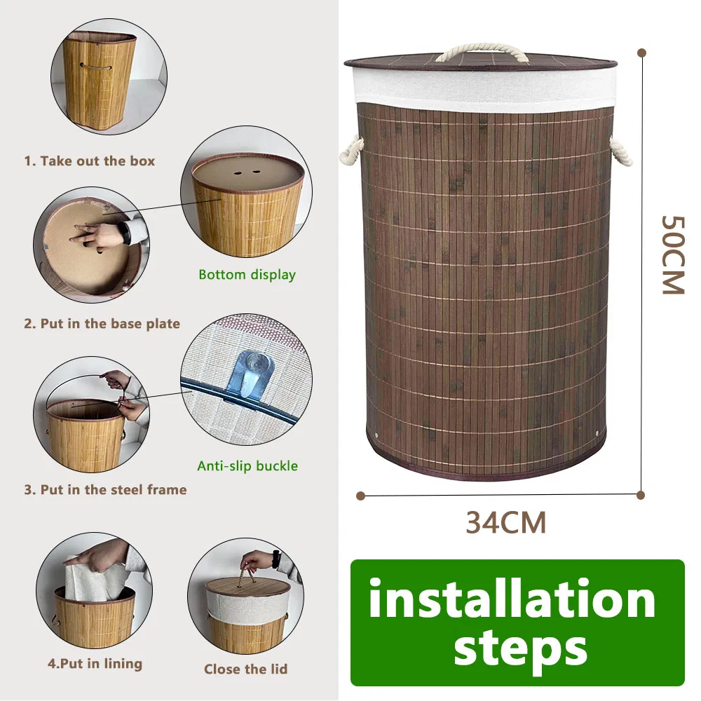 Foldable Large Bamboo Laundry Basket with Liner with Lid and Handle
