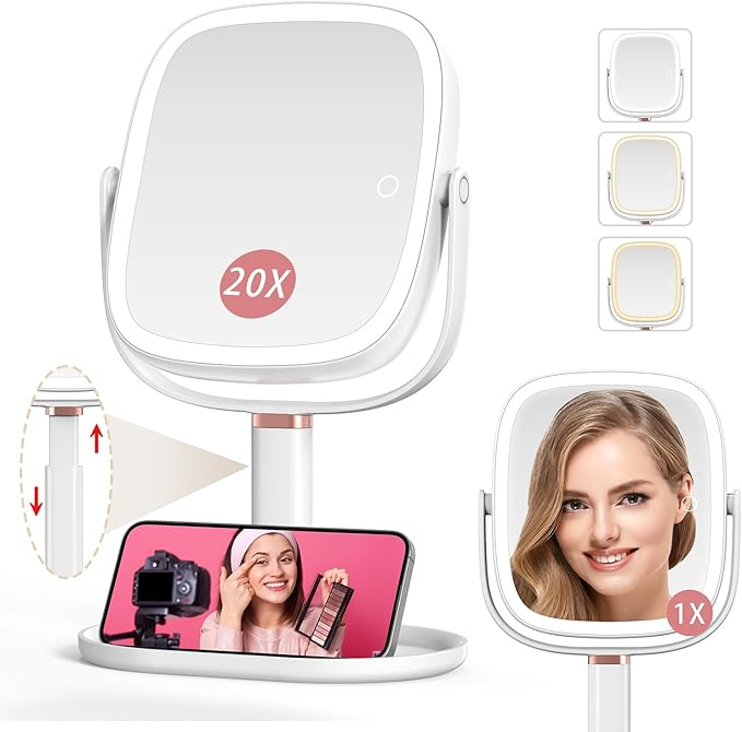 Avocado LED Makeup Mirror 1X/20X Magnifying Vanity Mirror Height Adjustable & 360° Rotation