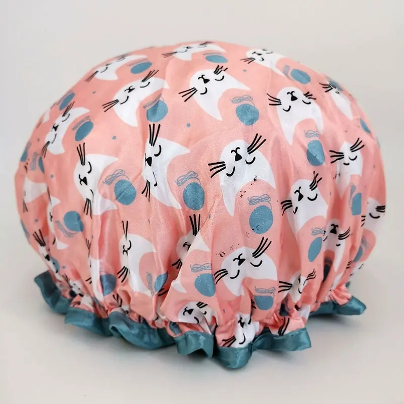 White Cats Luxury Flower Printing Satin Shower Caps Custom Logo Available