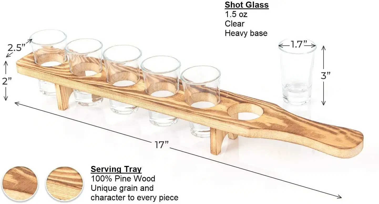 1.5oz/45ml Unique Rustic Wooden Bar Tray Holder Heavy Base Shot Glass Tray for Whisky Tequila with Serving Tray for Jose Cuervo