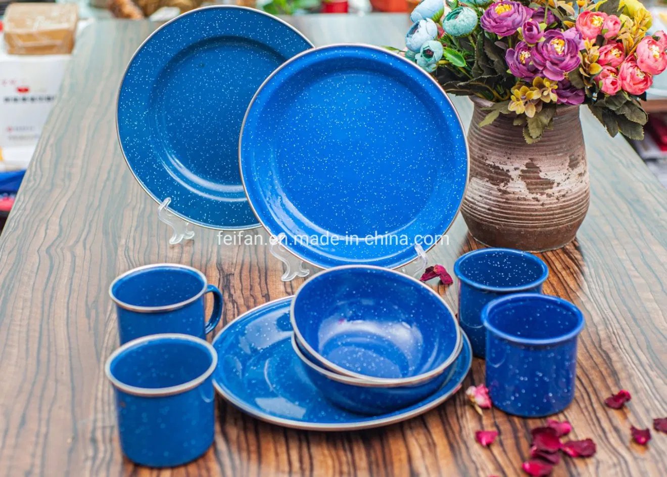 Enamel Camping Set 12PCS Dinnerware with Stainless Steel Rim