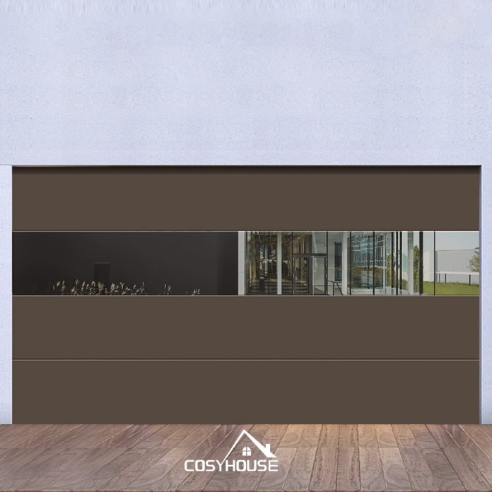 Contemporary Brown Aluminum Garage Door with Frosted Glass Inserts for Privacy