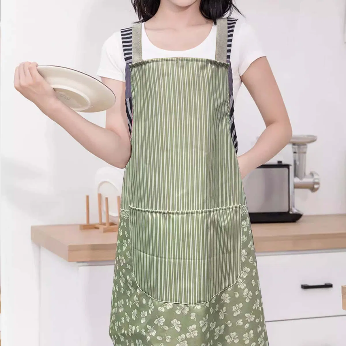 Household Anti-Stain Adult Fashion Work Clothes, Kitchen Multi-Apron, Striped and Floral Simple Apron