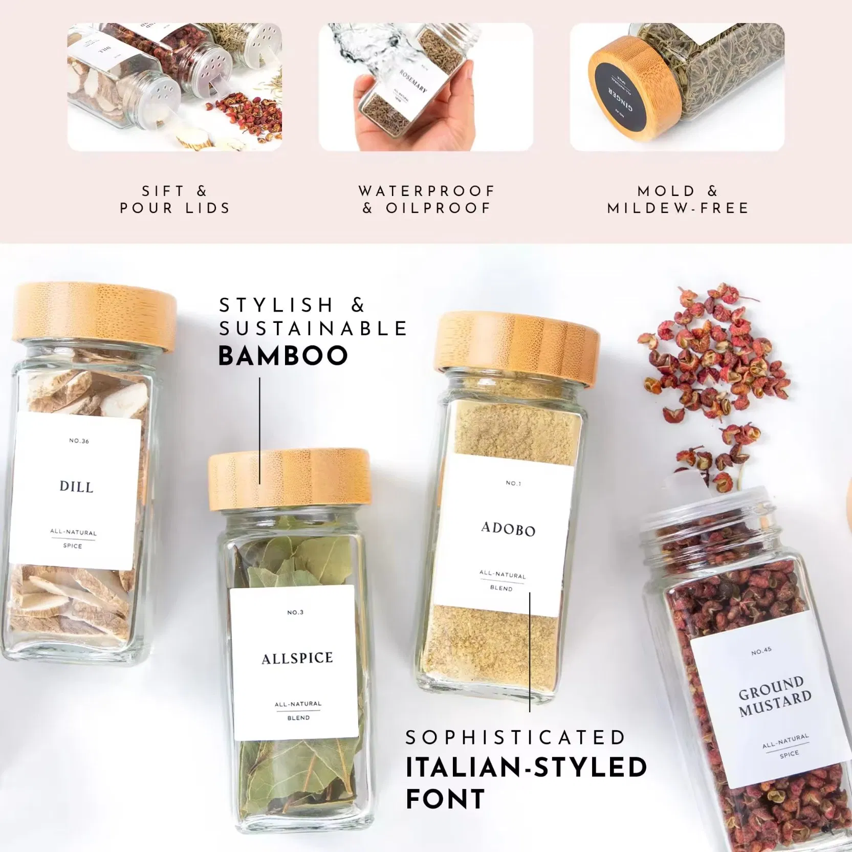 Kitchen Home Refillable Spice Jar Bottle Storage Wholesales Borosilicate Seasoning Herb Containers Set with Bamboo Lid for Spice Small Glass Spice Jars