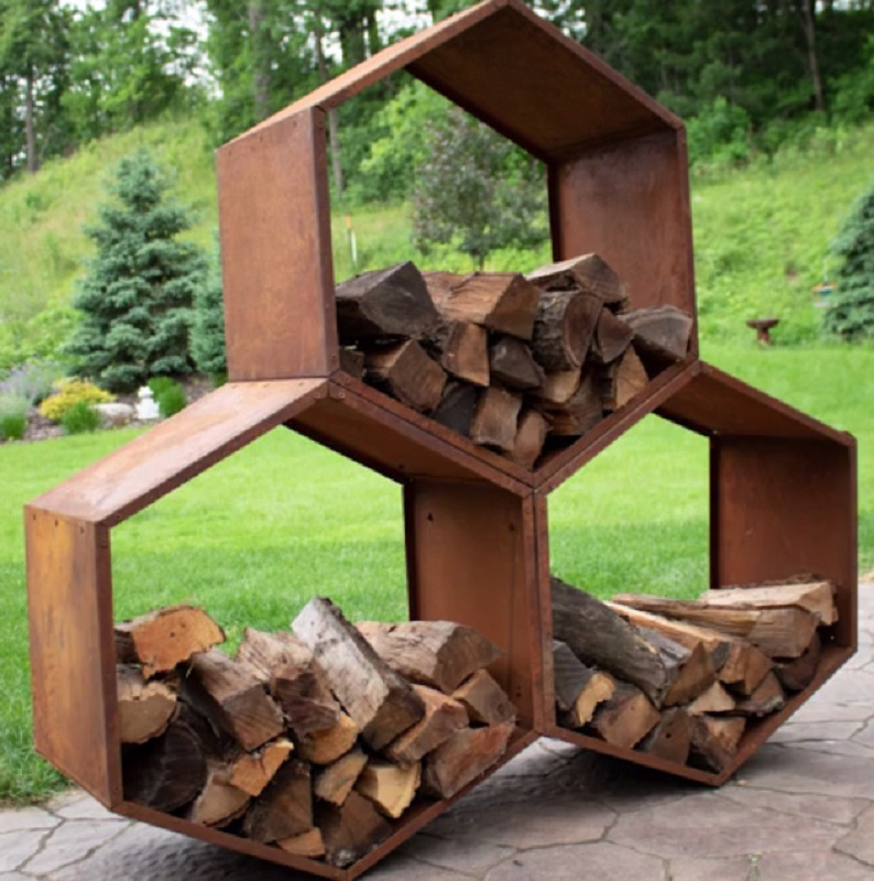 Patio Corten Steel Firewood Storage Hexagon Wood Holder