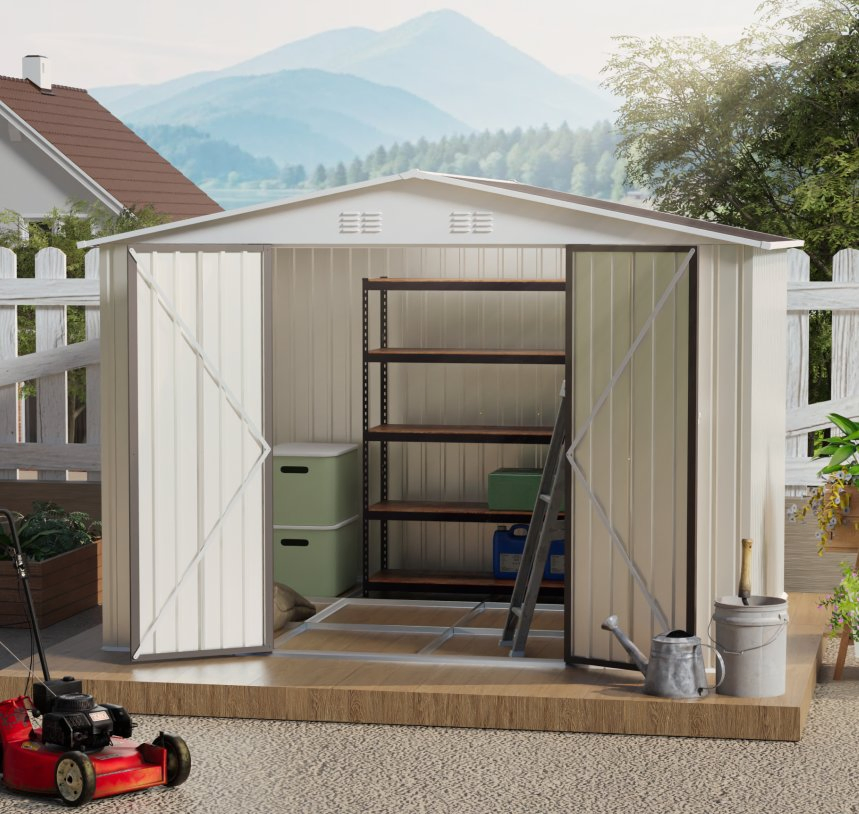 10*8FT Heavy Duty Garden Tool House with Shelving System Ideal for Gardening Equipment Organization Home Shed