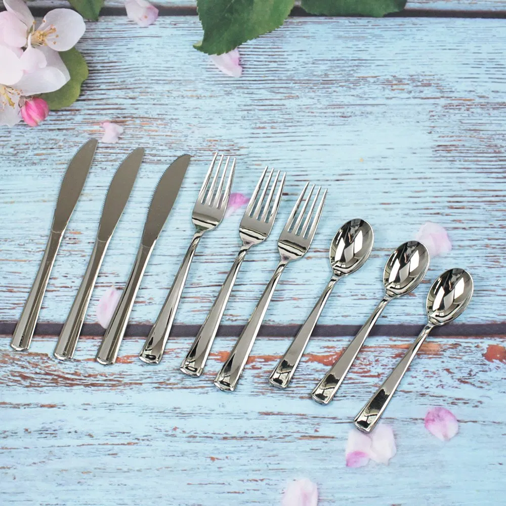 Custom Disposable Plastic Cutlery PS Plastic Luxury Cutlery Electroplated Aluminum Sliver Heavy Duty