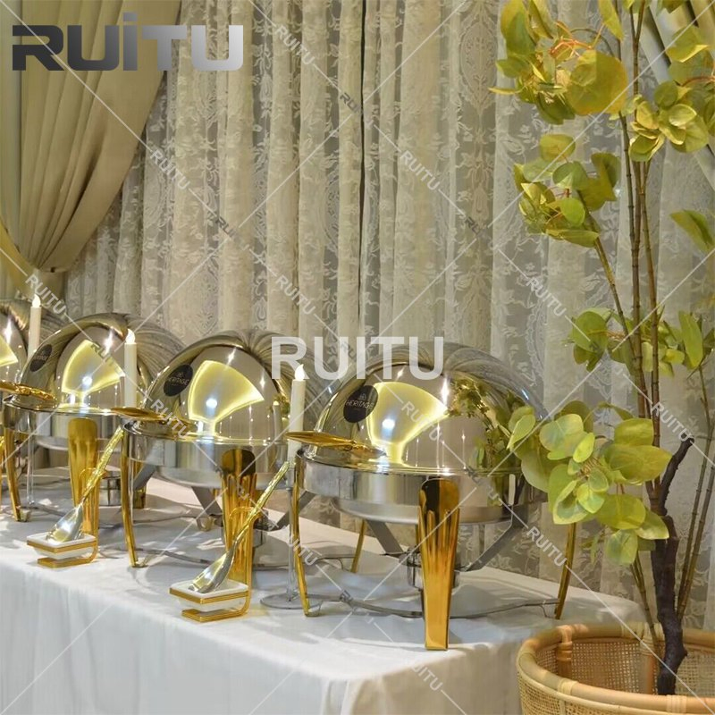 Good Quality Round Roll Top Silver Gold Leg Stainless Steel Food Display Warmer Buffet Chafer Chafing Dish Alcohol Heater Burner Buffy Food Warm Buffet Stove