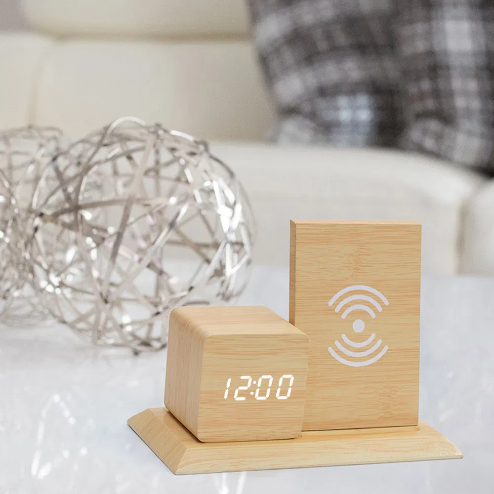 Smart Phone Wireless Charger Wood Desktop Decoration LED Alarm Clock