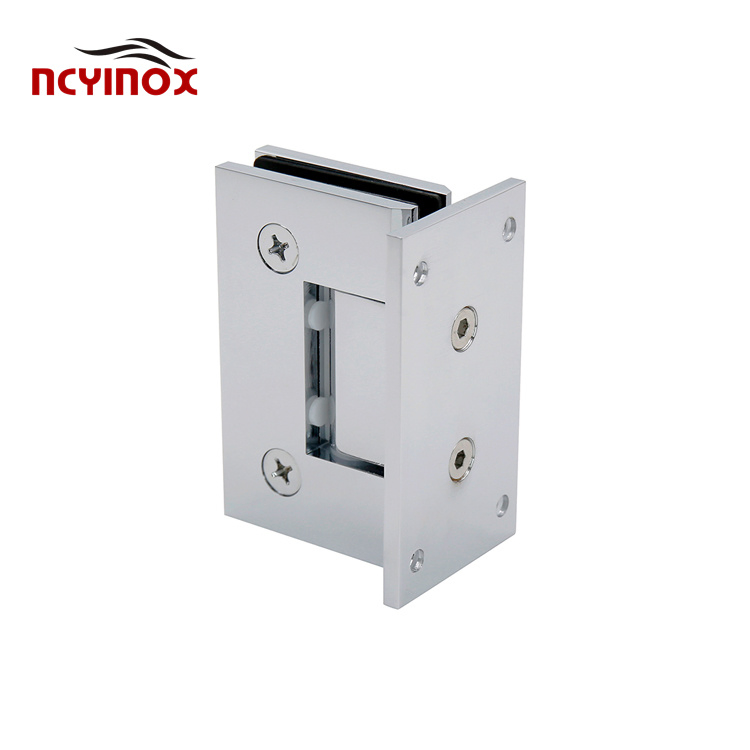 Shower Enclosure Chrome Door Hinge for Glass Door in Bathroom Showcase, Glass Fitting Isolated on a White Closeup