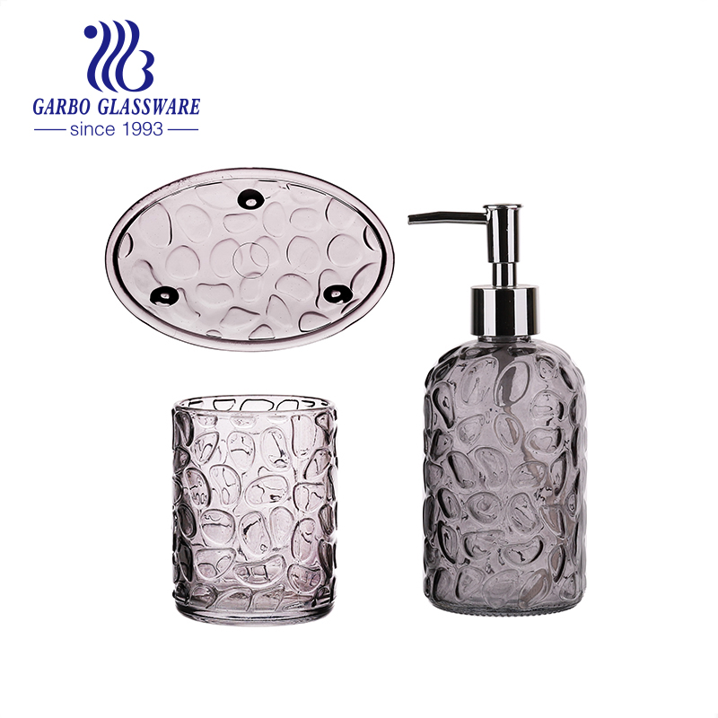 3PCS Glass Bathroom Accessory Set Glass Soap Holder Glass Shampoo Dispenser Glass Bottle Clear Color Glass Cup Glass Bottles Set 3PCS Bathroom Glassware