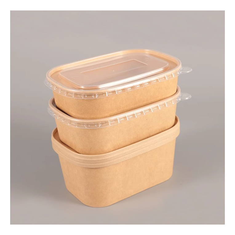 Custom Logo Printed Rectangle Food Packing Kraft Containers Square Round Food Grade Greaseproof Salad Fruit Dessert Sushi Takeaway Paper Bowl