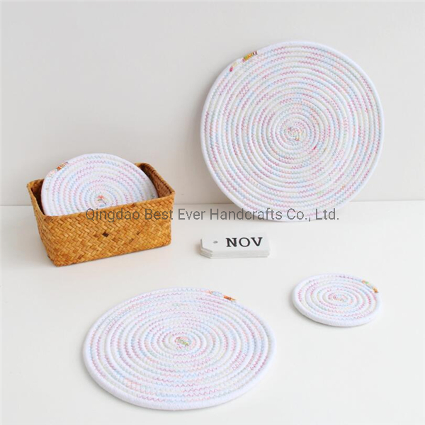 Pure Cotton Thread Weave Round Drink Hot Pads Mats Coasters Set of 4