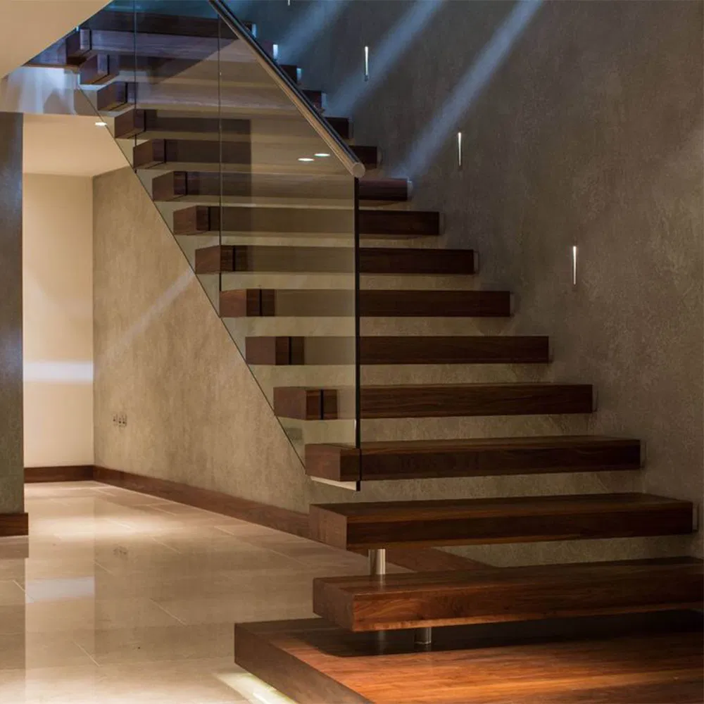 Hot Deal Double Stringer/Beam Staircase/Glass Stairs with Glass Railing and Wooden Tread