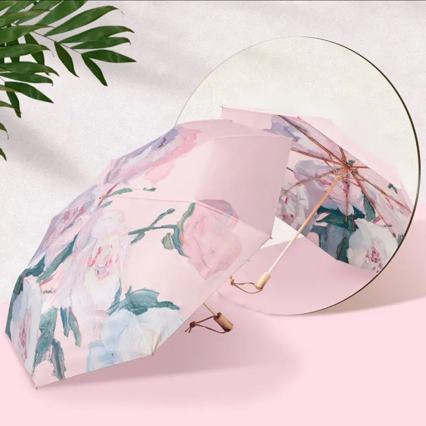 Складной зонт от солнца с деревянной ручкой и защитой от УФ