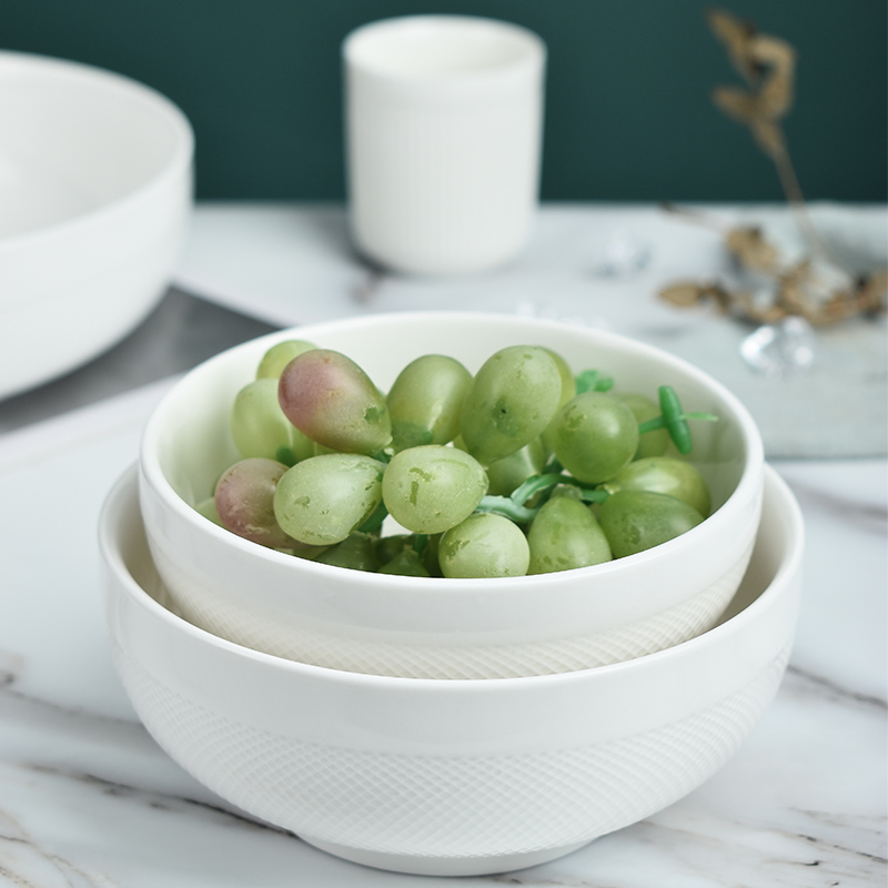 Customizable Modern High Quality White Ceramic Embossed Bowl Porcelain Soup Bowl Restaurant Serving Salad Bowls for Catering