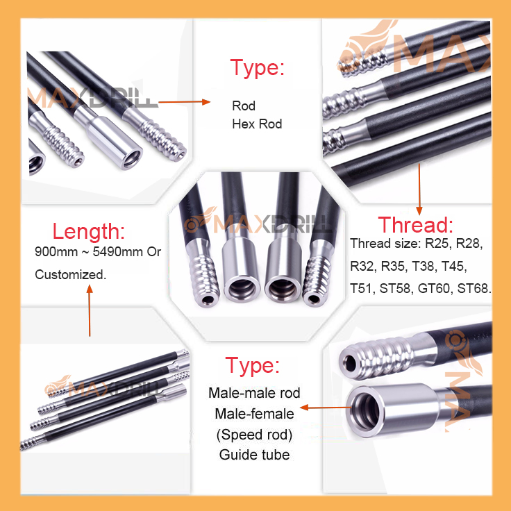 Maxdrill Mining Drill Tools Extension Drill Rod (mm/MF)