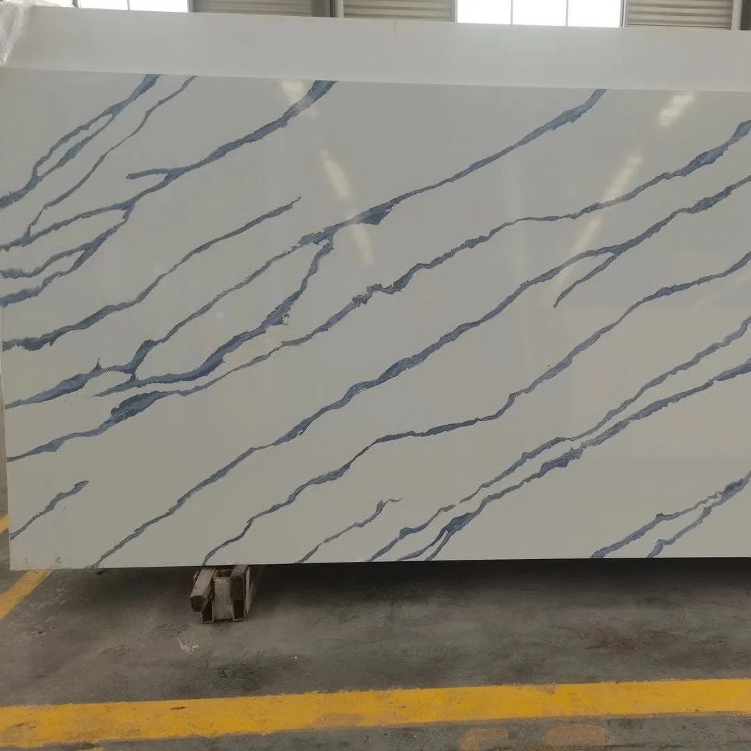 Artificial Calacatta Blue Valley Jumbo Quartz Customized Size Black White for Countertop and Big Slabs