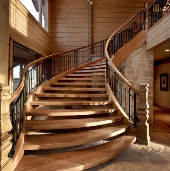 Retro-Style Curved Stairs Solid Wood with Easy DIY Installation Curved Type Featuring Curved Glass Handrails