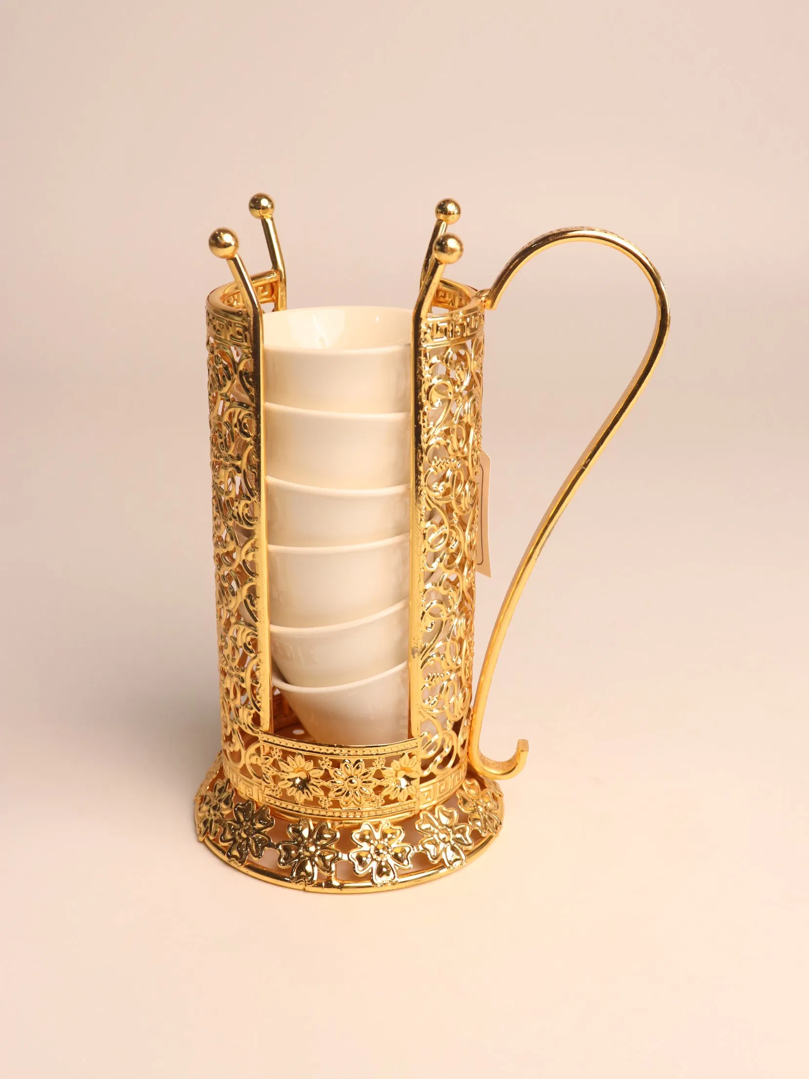 Decorative Gold-Plated Iron Frame with Ceramic Tea Cup Decoration Set