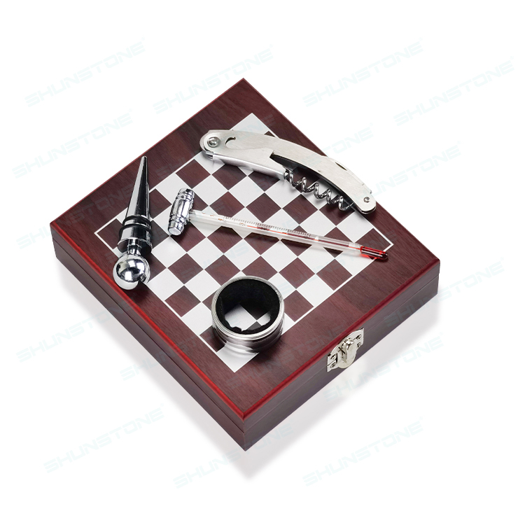 Stainless Steel Wine Corkscrew Opener Gift Set with Chess Wine Accessories Bar Tools Wooden Box
