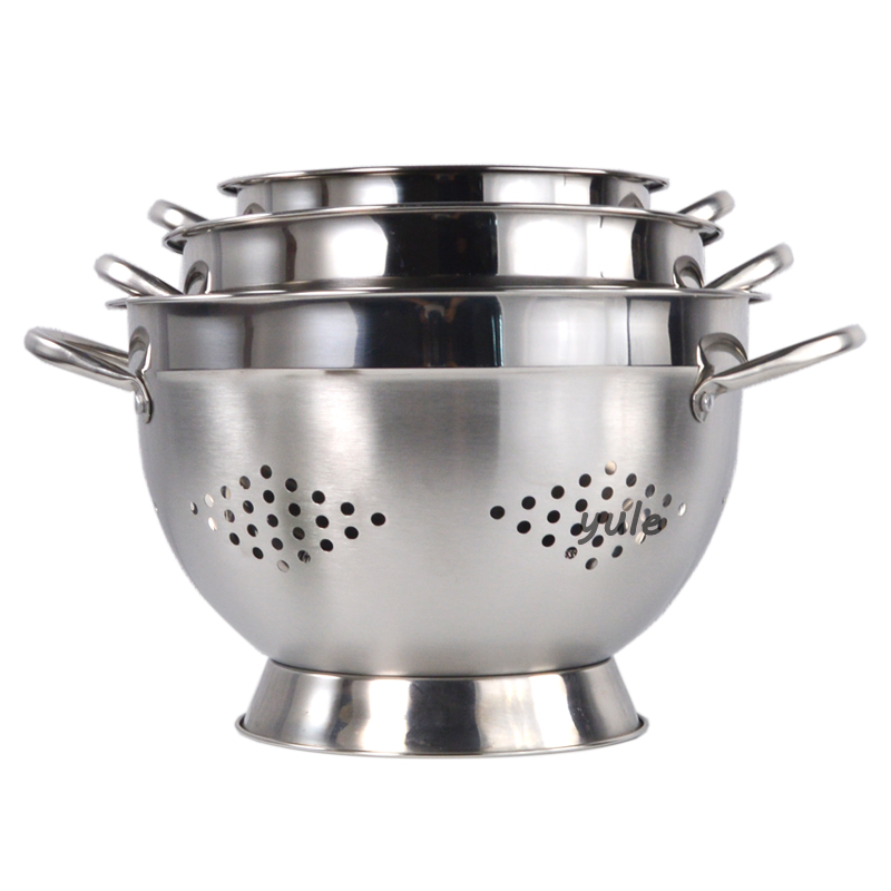 Amazon Hot Sale Fruit Colander 18/22/26cm Stainless Steel Round Strainer with Double Handle Vegetable Colander