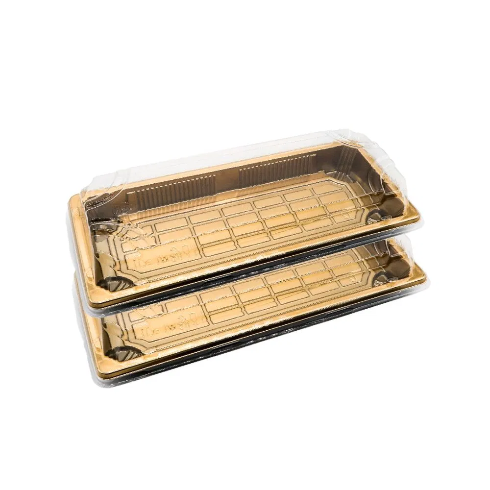 Food Grade High Quality Gold Sushi Food Packaging Disposable Leakproof Rectangular Food Container Plastic Takeaway Sushi Tray with Lid