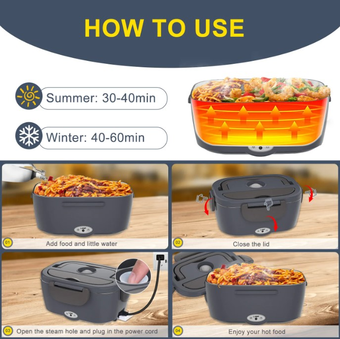 Electric Lunch Box for Adults, 80W Heated Lunch Box, 12V/24V/110V 1.5L Stainless Steel Portable Food Warmer Lunchbox